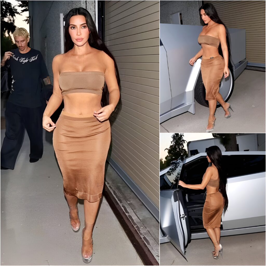 Kim Kardashian Nearly Spills Out Of Tiny Tube Top As She Rides Around La In Her Custom Tesla Cybertruck